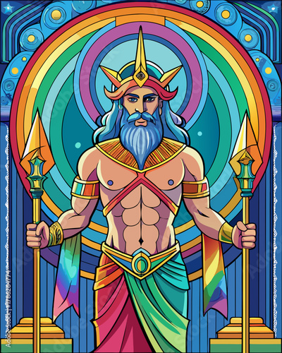 Poseidon real, full body ,Stained Glass Style , rainbow color