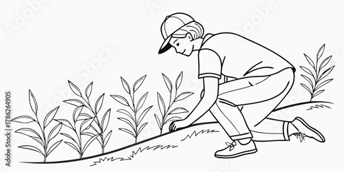 Christmas vector illustration of a person wearing a cap planting seedlings in a field with several young plants present