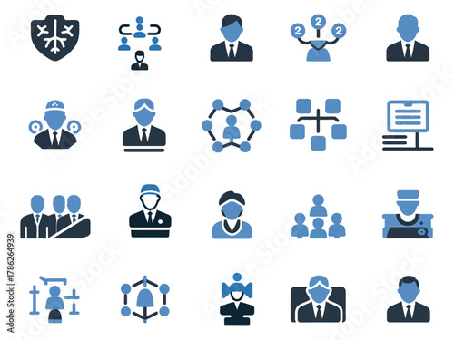 Diverse professional icons representing teamwork and management strategies.