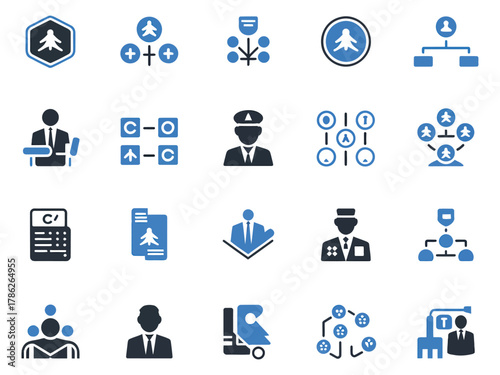 Collection of aviation-themed icons showcasing various airport operations and personnel roles.