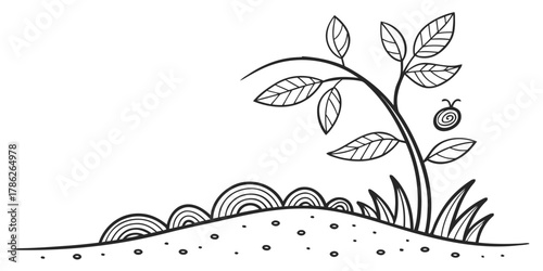 Christmas vector illustration of a plant with leaves and a small bug on a hill with grass and semi circles design