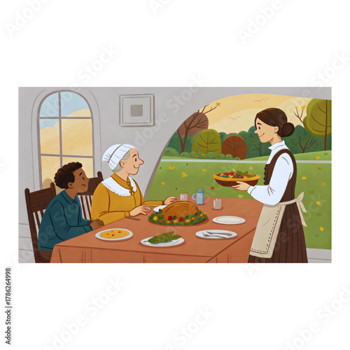 Colonial Family Thanksgiving Dinner with Roasted Turkey and Fresh Harvest Salad