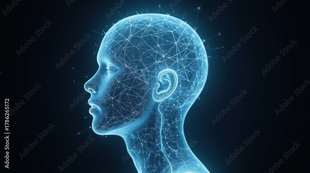Obraz premium Transparent human head profile showing a tangled, glowing neon line.
