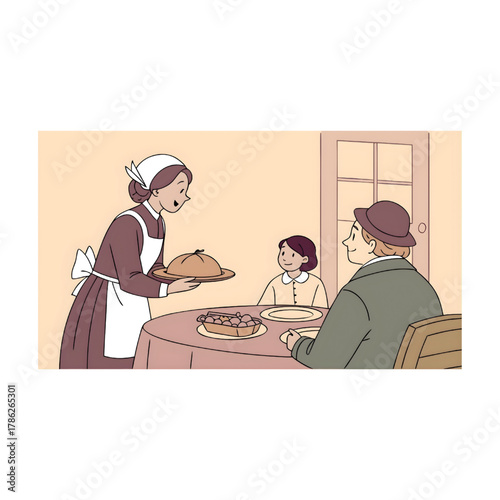 Pilgrim Woman Serving Roasted Turkey to Family at Thanksgiving Dinner