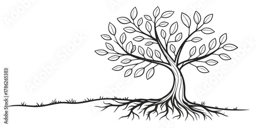 Christmas vector illustration of a stylized tree with leaves and roots in black outline on a white background design art