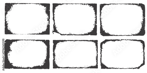Six distressed grunge rectangular frames with worn edges design isolated on white background
