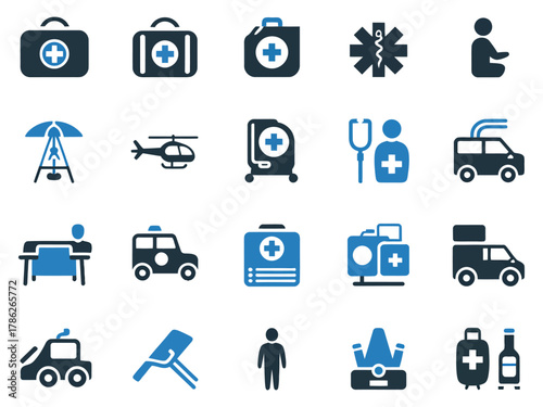 A collection of medical icons, showcasing various emergency services and healthcare tools in blue and dark shades.