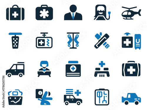 Collection of medical icons representing healthcare services and emergency response.