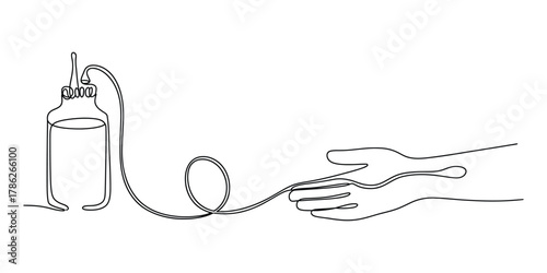 Continuous line art of intravenous drip connected to human hand