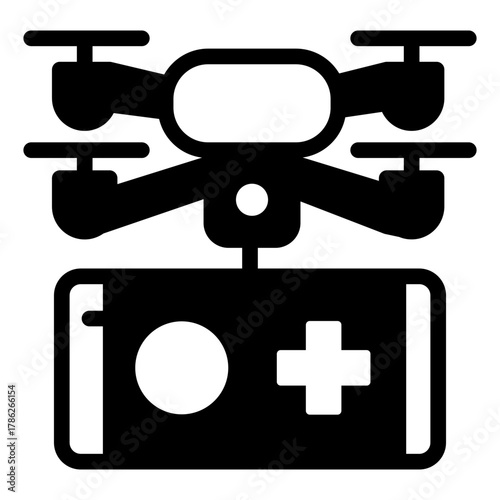 Smartphone with joystick and drone solid icon, smart device concept, quadcopter and phone gamepad sign on white background, glyph style for mobile web design. Vector graphics.