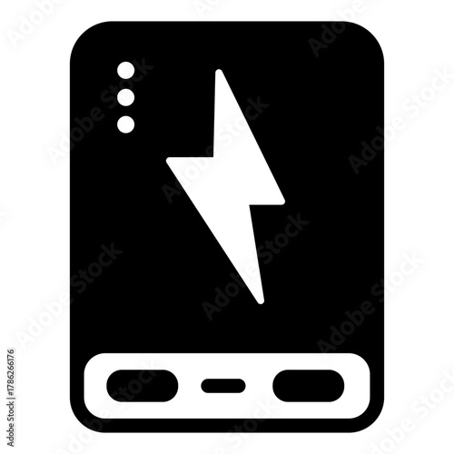 Power bank with usb, lightning and lights solid icon, electronic device concept, charger battery sign on white background, glyph style for mobile web design. Vector graphics.