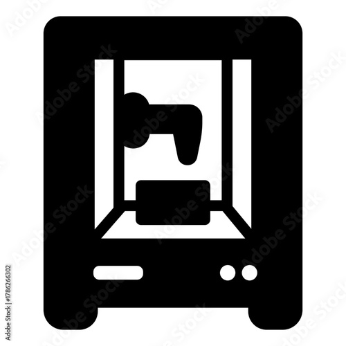 3D printer machine solid icon, smart manufacturing concept, device print volumetric plastic objects sign on white background, glyph style for mobile web design. Vector graphics.