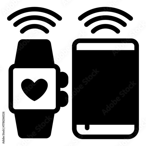 Smartphone with wrist smart bracelet and signals solid icon, smart device concept, fitness tracker sign on white background, glyph style for mobile web design. Vector graphics.