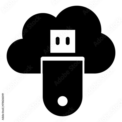 Cloud strage and flash drive solid icon, data saving concept, secret physical key for access sign on white background, glyph style for mobile web design. Vector graphics.