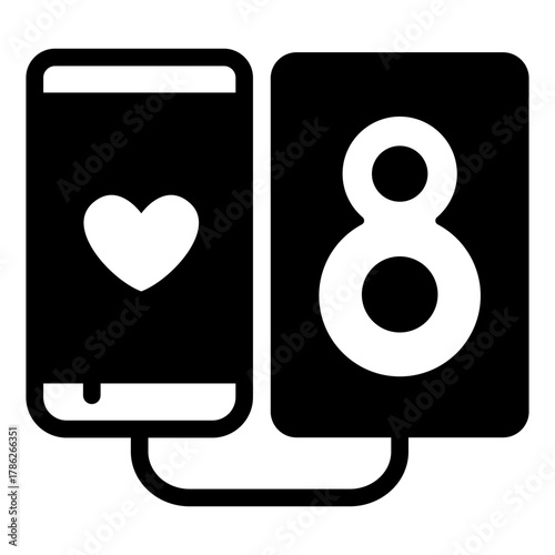 Speaker and smartphone with heart solid icon, music listening concept, portable sound system, phone sign on white background, glyph style for mobile web design. Vector graphics.