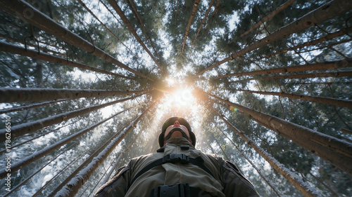 Contemplative soldier in uniform standing in a majestic winter pine forest, looking up towards the bright sun shining through tall treetops.