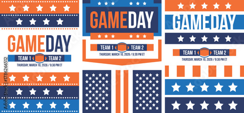 Game Day. American football playoff. Super Party in United States. Final game of regular season. Professional team championship. Ball for american football. Sport poster. Vector illustration