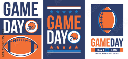 Game Day. American football playoff. Super Party in United States. Final game of regular season. Professional team championship. Ball for american football. Sport poster. Vector illustration