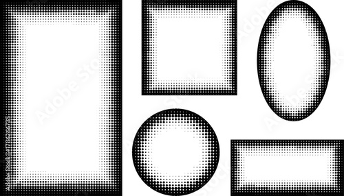 Halftone frame rectangular, oval, circle, square shape. Vector borders with grunge edges gradient