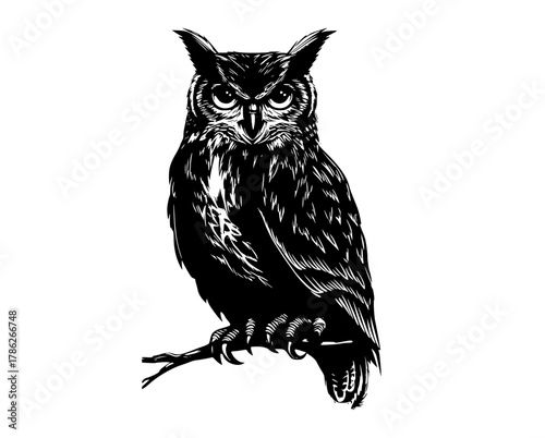 a black and white drawing of an owl sitting on a branchblack, branch, illustration, owl, perch, sit, white 