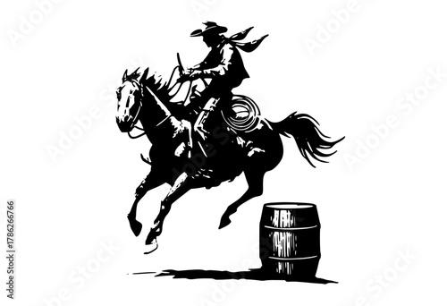 a cowboy riding a horse jumping over a barrelbarrel, black, cowboy, cowboy hat, horse, horseback, illustration, jump, lasso, man, pole, profile, ride, rodeo, sun hat 
