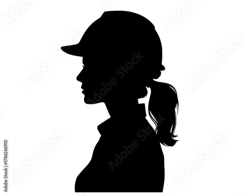 a silhouette of a woman with a ponytail and a capbaseball hat, black, girl, hat, man, profile, stare, sun hat, wear, woman 