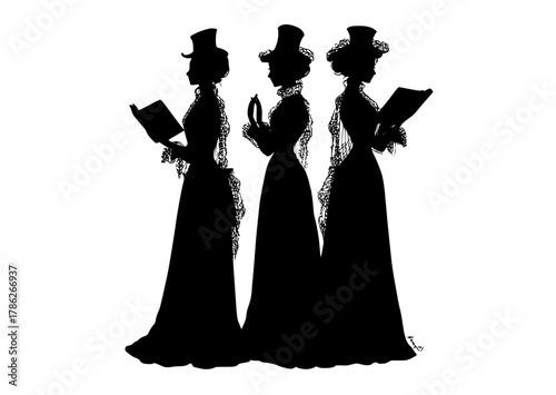 three silhouettes of women in victorian dresses, each holding a bookblack, couple, dress, dress hat, illustration, man, profile, read, stand, woman 
