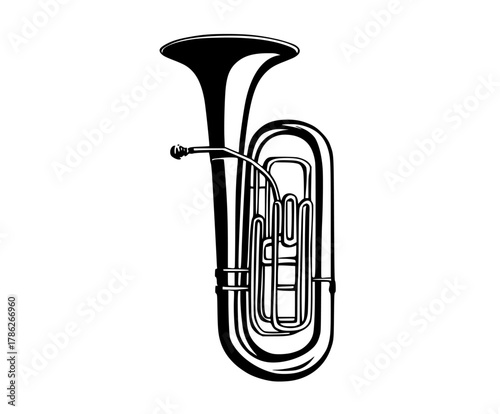 a black and white drawing of a tubabass horn, black, icon, illustration, instrument, music, profile, style, trumpet 