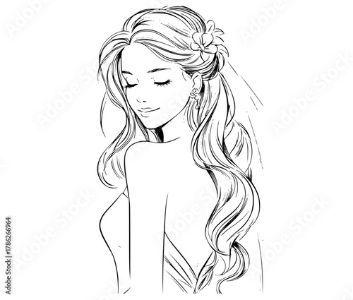 a line drawing of a woman with long hair and a flower in her hairbeautiful, braid, bride, cosmetic, flower, girl, hair, hairstyle, head, illustration, ponytail, veil, woman 