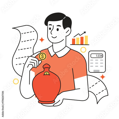 Financial planning expert saving money into a ceramic pot, analyzing expenses with a calculator and detailed budget sheet, demonstrating smart investment growth strategy.Print