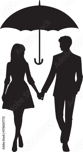 Romantic couple standing under umbrella silhouette sharing love in rainy night street atmosphere