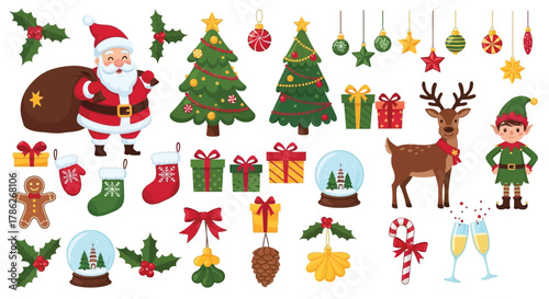 A colorful and festive Christmas vector illustration set featuring Santa Claus with a gift sack, Christmas trees decorated with ornaments and candy, wrapped presents, Cute Christmas Holiday Vector Set