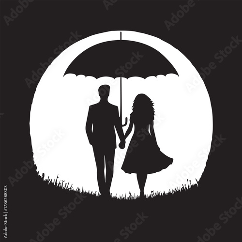 Romantic couple standing under umbrella silhouette sharing love in rainy night street atmosphere
