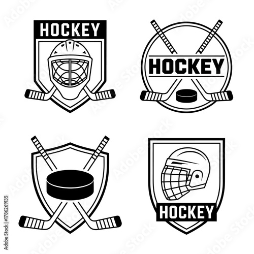 Set of Hockey Emblem Designs Featuring Helmets Sticks and Pucks in Black and White Vector Illustration Style