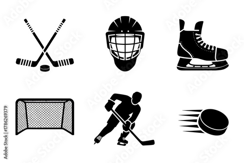 Hockey Equipment and Player Silhouette Set for Sports and Recreation Illustrations Vector Graphics