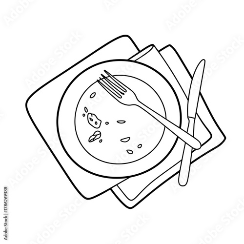 Empty plate with leftover food after meal fork and knife on napkin outline illustration for culinary and nutritional concepts