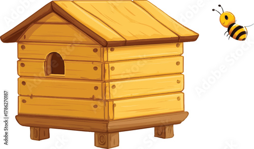 vector cartoon of a wooden beehive with a bee flying near it, in a simple flat illustration style, on a white background with no shadows on the sides