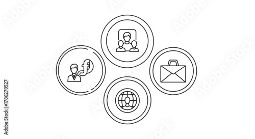 Four business icons in a circle, representing teamwork, global communication, finance, and business management in a minimalist style