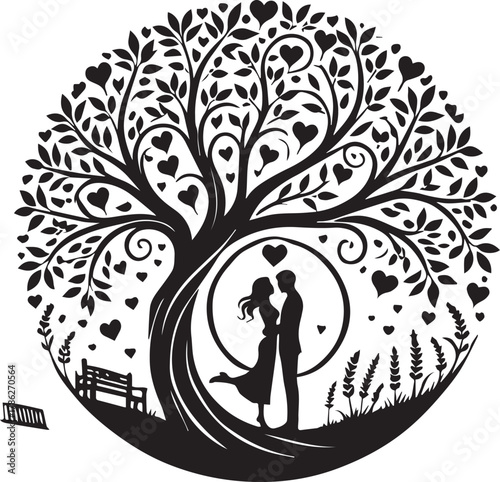 Romantic couple under tree silhouette with heart shape sunset background nature love scene illustration