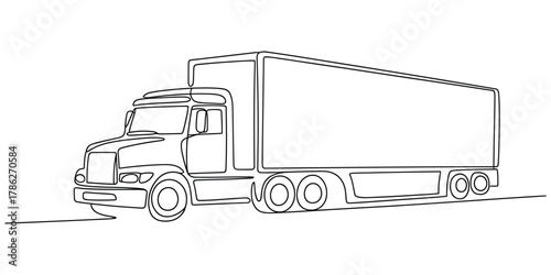 Continuous line art drawing of a large semi-truck for freight.