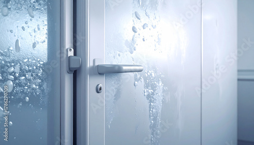 Icy Enclosure: The exterior of a cold room door, glistening with condensation and the chill of refrigeration, offers a glimpse into a world of preservation and meticulous storage.