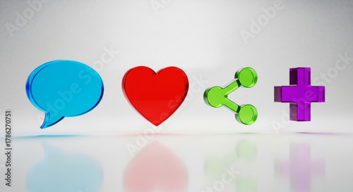 3d rendering of social media icons on a includes a speech bubble, heart, share icon, and plus sign perfect for social media marketing