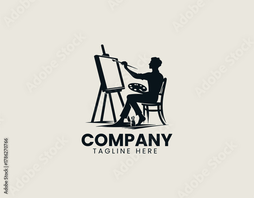 Elegant woman artist silhouette vector logo illustration seated at an easel painting with a brush and palette