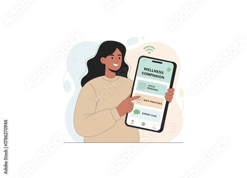 A woman engaging with a mobile wellness application. That offering specific tracking capabilities essential educational information and direct connection with healthcare professionals or coaches.