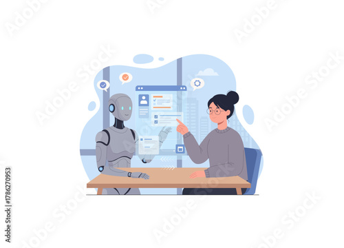 The image beautifully the interaction and collaboration between a human and Artificial Intelligence (AI). Future of work where AI integrates to augment human decision-making and productivity.