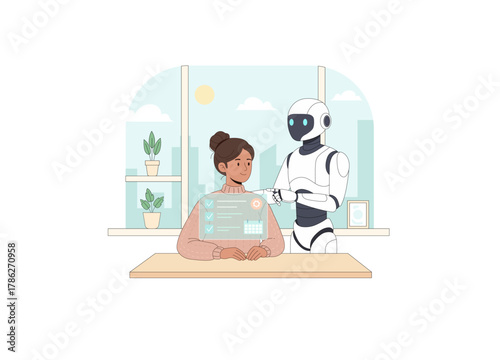 A friendly, modern white humanoid robot stands beside her, its finger pointing towards the screen, suggesting guidance, assistance, or collaboration. 