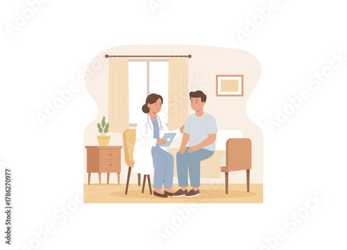 A medical consultation taking place in a comfortable, that looks like a hospital room. This image conveys concepts of patient care, diagnosis, mental health support, and medical professionalism.