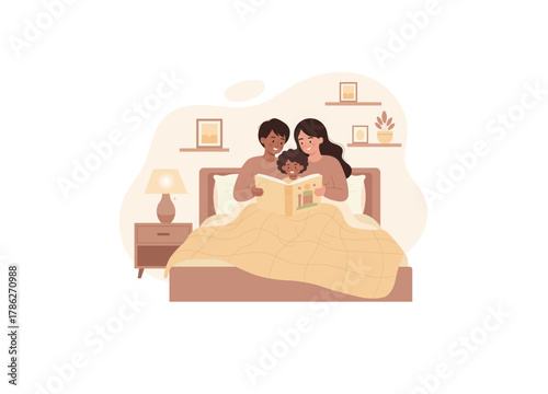 A cozy family moment during bedtime. A mother, father, and their young child are cuddled together in bed under a warm blanket, reading a story book aloud.