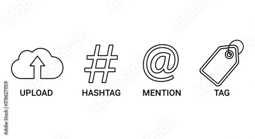 A set of vector icons representing social media actions like uploading, tagging, mentioning, and using hashtags, these icons are perfect for illustrating concepts related to online communication