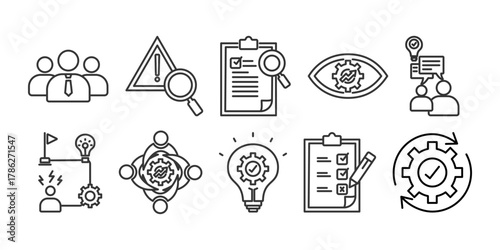 crisis management icon set collection in outline style. Icon pack contains competence, leadership,  identify, assess, transparency,  understand, cope, coordination, strategy, evaluation,  recovery